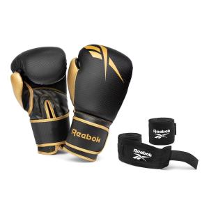 Reebok Fitness 12oz Boxing Gloves + Wraps Set, Gold/Black 