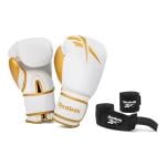 Reebok Fitness 12oz Boxing Gloves + Wraps Set, Gold/White 